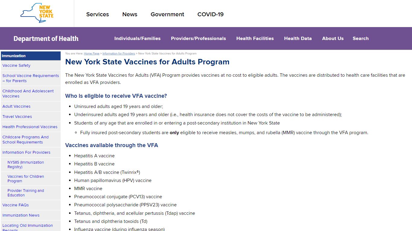New York State Vaccines for Adults Program